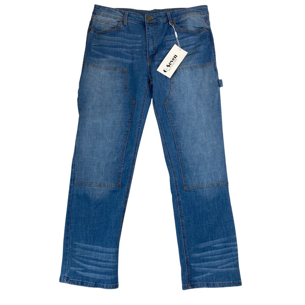 G-Seven Mens Carpenter Double Knee Jeans 34 Blue Whisker Workwear Utility NWT